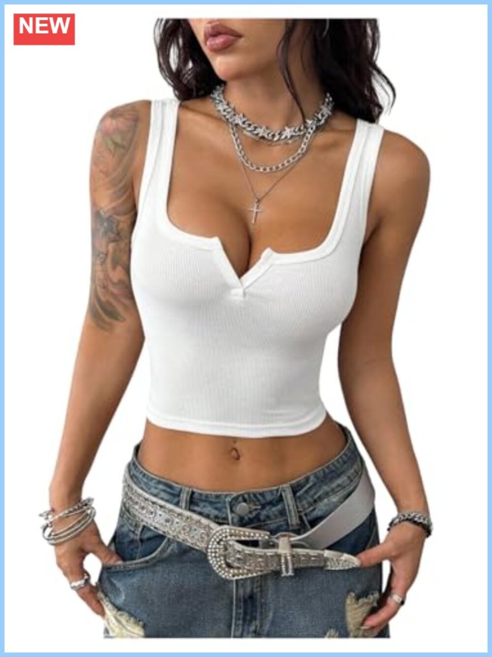 Rib Knit Slim Fit Sleeveless Notched Neck Crop Tank Top